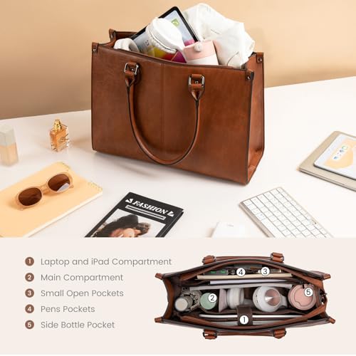 LOVEVOOK Laptop Tote Bag for Women, 17.3 Inch Professional Work Bag with Matching Clutch, Waterproof Vintage Leather Computer Tote for Office, Business Travel & Daily Use, Gift for Women