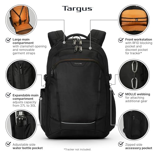 Targus 17” Voyager EXP Travel Backpack – Expandable Carry-On Laptop Backpack with SafePort Protection, Checkpoint-Friendly Design, Anti-Theft Travel Features - TBB664GL