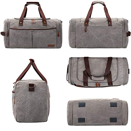S-ZONE 65L Expandable Canvas Duffle Bag Travel Overnight Holdall Weekend Bag with Shoes Compartment Large Carry On Bag Tote Gym Bag for Men Women, Light Gray, X-Large, Travel Duffle