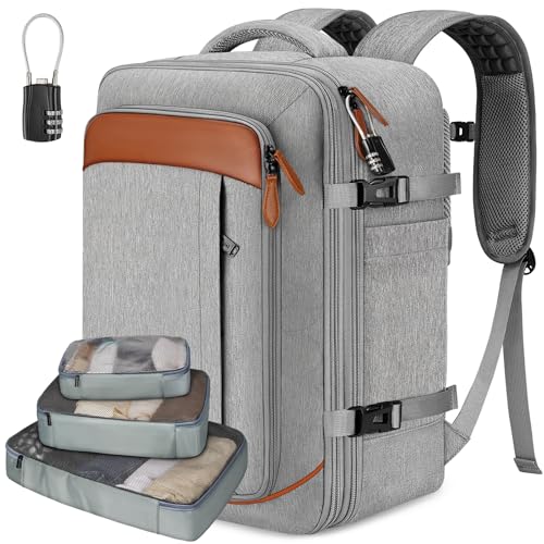 Vancropak Carry on Backpack, Flight Approved 18x14x8 Travel Backpack with 3 Packing Cubes, Expandable Large 40L Travel Bag fits 17.3" Laptop, Anti Theft Luggage Suitcase Weekend for Women Men, Grey