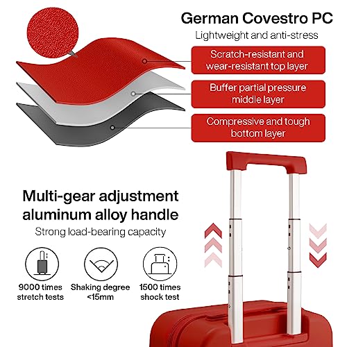 mixi Carry on Luggage, 20'' Suitcase Spinner Wheels Luggage Hardshell Lightweight Rolling Suitcases PC with Cover & TSA Lock for Business Travel, Red