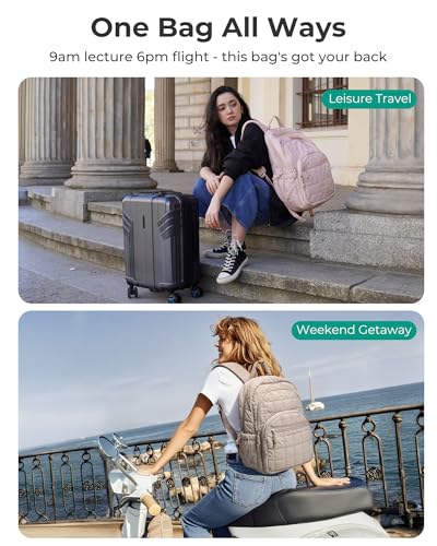 BAGSMART College Laptop Backpack, Travel Backpack for Women, Quilted Casual Daypack, Water-Resistant Bookbag for 15.6 Inch Laptop, Camel