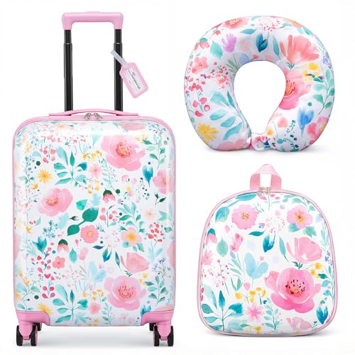 Sanwuta 4 Pcs Kids Luggage Set Carry On Rolling Suitcase Backpack Neck Pillow Travel Set Gift for Girls Boys Summer Camp(18 Inch,Flower Style,Pink Green)