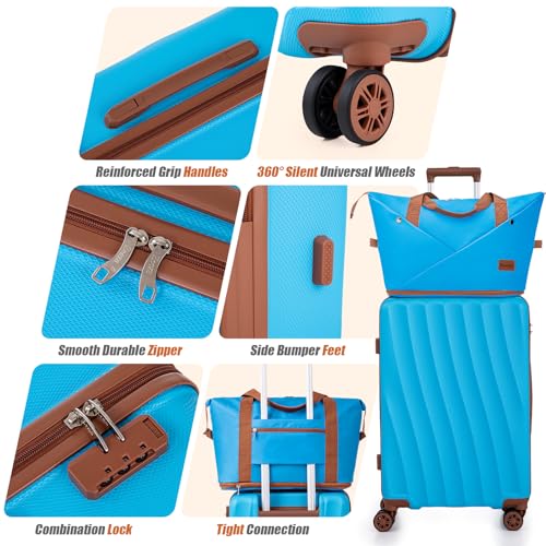 Eeeza Carry on Luggage Sets 22x14x9 Airline Approved Durable Travel Luggage Suitcases with Wheels,ABS Hard Case Suitcases with Spinner Wheels,(SkyBlue,3 Piece Sets(20"/DB/TB))