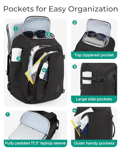 BAGSMART Travel Backpack Carry on Flight Approved, 28L Lightweight Backpack Fits 17.3 Inch Laptop for Men Women, Water Resistant Personal Item Travel Bag with USB Charging Port, Black