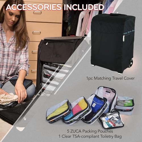 ZUCA Flyer Carry On Luggage with Wheels - 20 inch Airline Approved Black Bag and Silver Frame, with 5 Packing Pouches, Travel Cover, and Built-In Seat