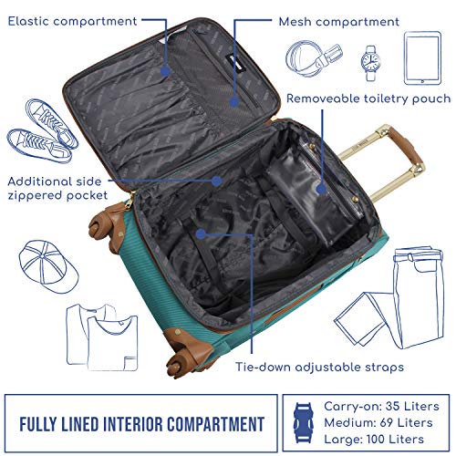 Steve Madden Designer Luggage Collection - Lightweight 24 Inch Expandable Softside Suitcase - Mid-size Rolling 4-Spinner Wheels Checked Bag (Harlo Teal Blue)