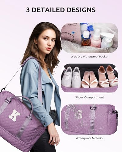 Vogewood Girl Duffle Bag with Shoe Compartment, Tween Weekend Duffle Bag, Monogram Overnight Bag for Women with Trolley Sleeve & Wet Pocket, Letter Kids Travel Bag with Makeup Bag (Letter K)