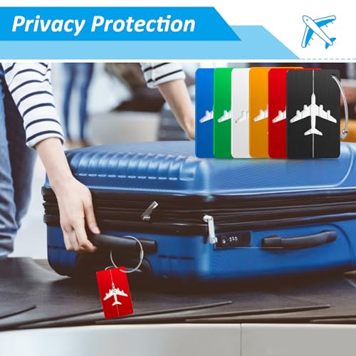 6 Pack Aluminum Luggage Tag for Suitcases with Name ID Card, Stainless Loop, Privacy Protection Travel Tags for Luggage Baggage
