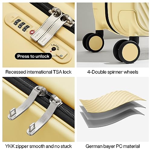 mixi Carry On Luggage Airline Approved 20'' Lightweight Luggage Wide Handle PC Hardshell Suitcases with Spinner Wheels & TSA Lock, Lark Yellow