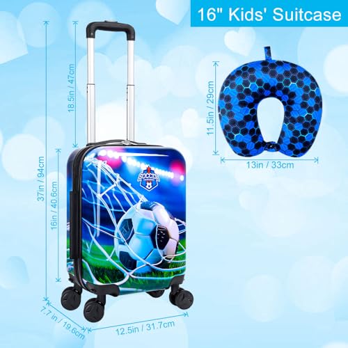 Dynamic Soccer Kids Luggage with Wheels 2PC Set: Airline-Approved Carry On Boys Suitcase with 360° Spinner Rolling, Includes Neck Pillow