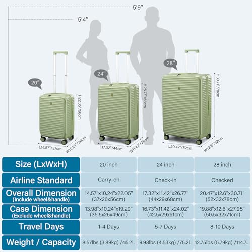 HanTrip 20 Inch Carry on Luggage 22x14x9 Airline Approved Hard Shell Suitcases with Wheels, Top Opening Expandable Carry on Luggage with Cup Holder Small Rolling Suitcase with Lock, Bamboo Green