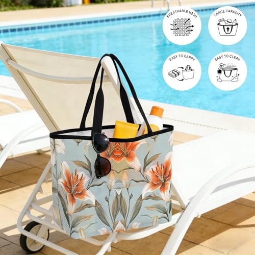 Lily Flower Mesh Beach Bag, Watercolor Country Blooms Spring Botanical Art Large Tote Bag for Swim Pool Beach Travel