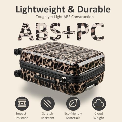 VIVIcity Cheetah Print Carry on Luggage 22x14x9 Airline Approved, Expandable 20 Inch Hardside Suitcase with Wheels TSA Lock, PC+ABS Lightweight Carry on Suitcases for Women