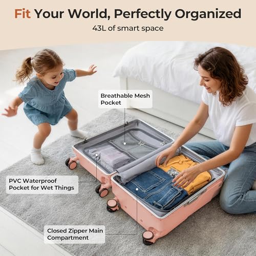 Lavoker 20" Ride-On Luggage with Child Seat, Hardside Carry-On Suitcase with Shockproof 360° Silent Spinner Wheels, TSA Lock, Kids & Adults & Busy Moms