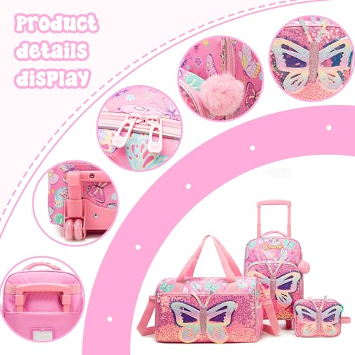 Homskiii Kids Pink Butterfly Luggage with Wheels Suitcases Travel Softside Suitcases 16" Carry on Suitcase with Duffle Bag Luggage Sets Airline Approved