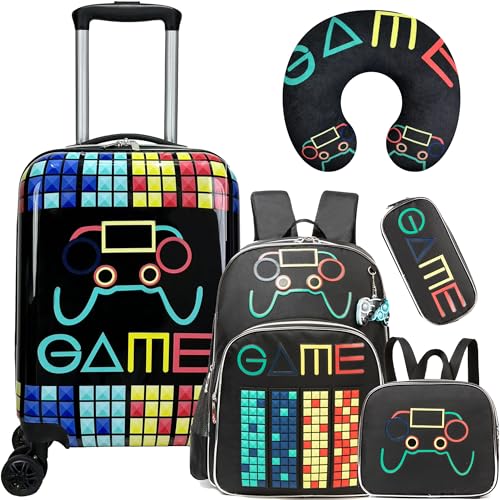 Inprof Kid’s Luggage Set 5 Piece Suitcase Set 16’’ Hardside Luggage with Spinner Wheels Girls Boys Carry on Luggage Travel Rolling Luggage Airline Approved
