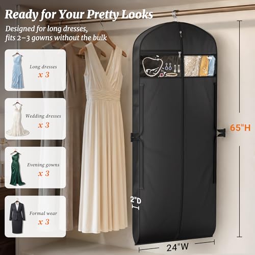 MISSLO 65" Garment Bags for Travel for Women with Loackabe-Self Zipper Waterproof Dress Bags for Gowns Long with Accessories Pockets Wedding Dress Bag Garment Covers for Hanging Clothes, Black