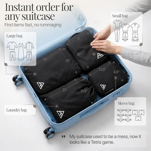 Well Traveled 8 pcs Compression Packing Bags Cubes Set with HybridMax Double-Capacity Design - Packing Cubes for Travel Compression to Maximize Limited Luggage Space, Black
