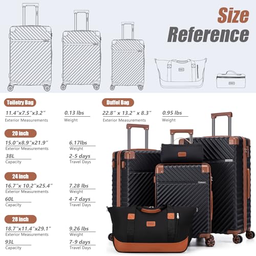 Cosbarn Luggage Sets 5 Piece with TSA Lock Spinner Wheels, Unisex Hard Case ABS Suitcase Set, Hardshell Lightweight Waterproof Travel Hardside Suitcases with Wheels for Women Men, Black