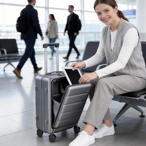 20-Inch Carry-On Luggage with USB Port – ABS+PC Hard Shell Suitcase TSA Lock 360° Spinner Wheels – Lightweight Airline-Approved Travel Bag with Cup Holder & Side Hooks for Business Trips Dark Gr