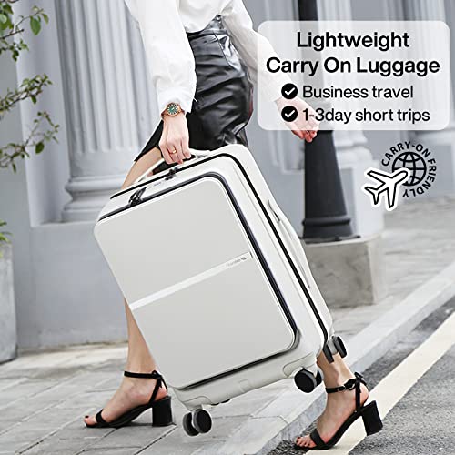 Hanke 20 Inch Carry On Luggage Airline Approved Hard Shell Suitcases with Wheels & Front Pocket Travel Luggage Lightweight Carry On Suitcase for Travel Rolling Luggage(Grayish white)
