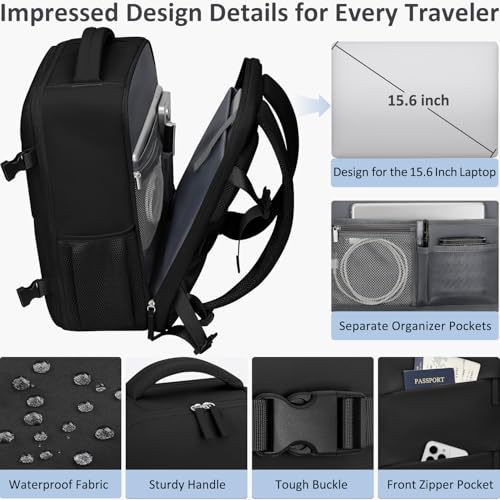 Tenot Travel Backpack for Women Men Carry on Flight Approved Lightweight 15.6 Inch Laptop Backpack Duffle College Business Work Weekender Hiking Travel Essentials Suitcase Backpack Black