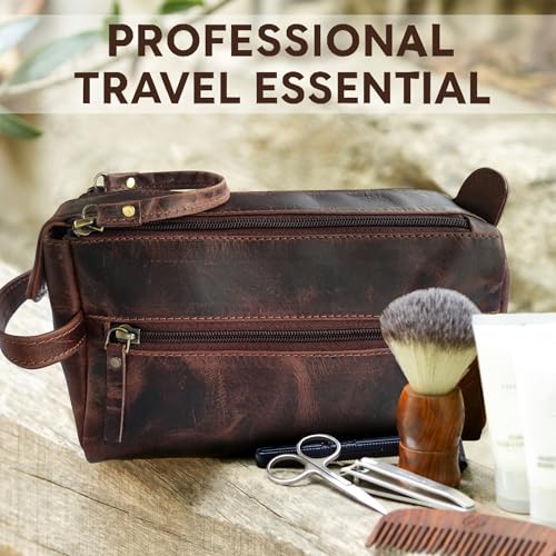 RUSTIC TOWN Leather Toiletry Bag – Stylish & Durable Ditty Kit with Water Resistant Lining – Travel Shaving Kit Organizer for Bathroom & Overnight Trips - Great Gift for Men & Women
