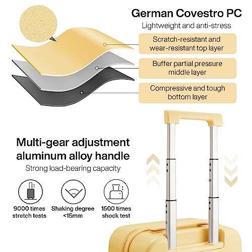 mixi Carry on Luggage, 20'' Suitcase Spinner Wheels Luggage Hardshell Lightweight Rolling Suitcases PC with Cover & TSA Lock for Business Travel, Lark Yellow