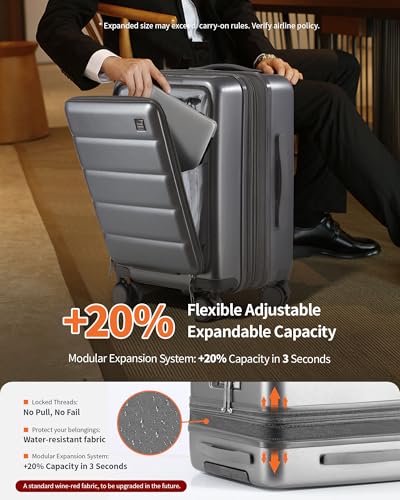 ISLAND ELEPHANT 20IN Carry On Luggage Airline Approved - Expandable Hardside Suitcase with 16" Laptop Compartment, Cup Holder, Phone Mount, USB Port,TSA Lock, 360°Spinner Wheels (Grey)