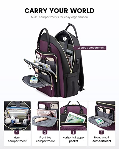 LOVEVOOK Laptop Backpack Purse for Women, 15.6" Laptop Bag for Travel with USB Port, Water Resistant Lightweight Daypacks for College Work Business, Nurse Teacher Computer Bags, Purple Black