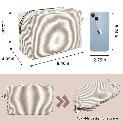 GFU Cosmetic Bags for Women, Seersucker Cosmetic Bag, Travel Toiletry Stripe Makeup Bag, Large Women Aesthetic Organizer Storage Pouch, Girls Handbags Purses, brown
