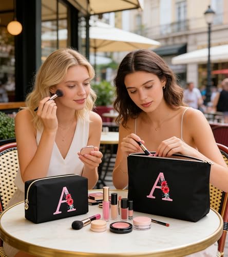 sevelly A-Z Personalized Makeup Bag 2 PCS, Birthday Gifts for Women Mom, Gifts for Best Friend, Bride Bridesmaid Cosmetic bag (A)