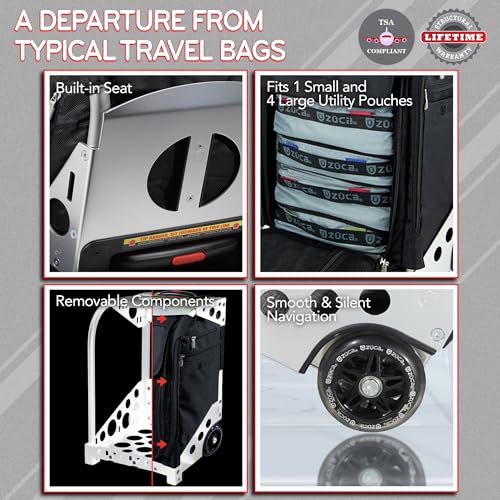 ZUCA Flyer Carry On Luggage with Wheels - 20 inch Airline Approved Black Bag and Silver Frame, with 5 Packing Pouches, Travel Cover, and Built-In Seat