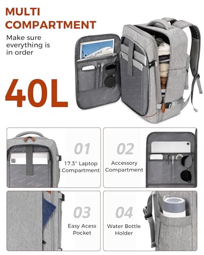 Vancropak Carry on Backpack, Flight Approved 18x14x8 Travel Backpack with 3 Packing Cubes, Expandable Large 40L Travel Bag fits 17.3" Laptop, Anti Theft Luggage Suitcase Weekend for Women Men, Grey