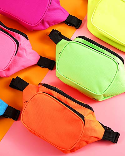 Weewooday 6 Pieces Neon Fanny Pack Adjustable Waist Bag 80s 90s Party Fanny Bags 2 Retro Zippers Travel Running Pack for Outdoor Rave Party Women Men Favors Gifts Supplies