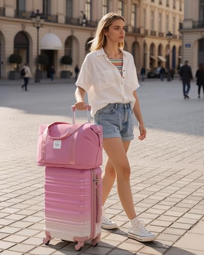 LONG VACATION Carry On Luggage Sets 3 Piece 20 Inch Suitcase Set, ABS+PC Hardshell Lightweight Travel Luggage with Spinner Wheels & YKK Zipper TSA Lock (Pink and White, 20 INCH)
