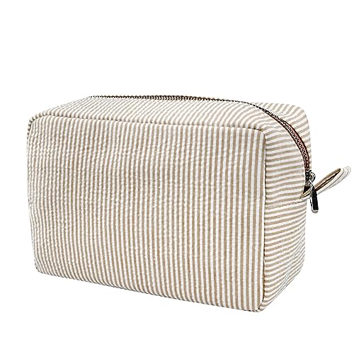 GFU Cosmetic Bags for Women, Seersucker Cosmetic Bag, Travel Toiletry Stripe Makeup Bag, Large Women Aesthetic Organizer Storage Pouch, Girls Handbags Purses, brown