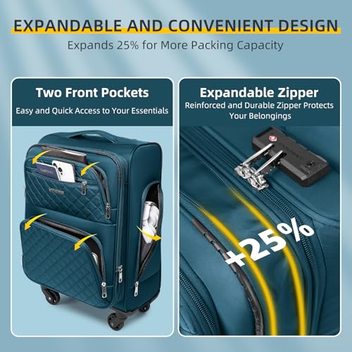 LARVENDER 3 Piece Luggage Set with Spinner Wheels - Expandable Softside 20 Inch Carry On Suitcase 22x14x9 Airline Approved,TSA Lock, Blue