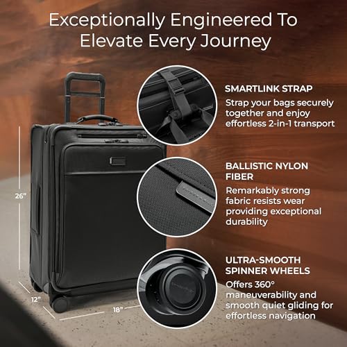 Briggs & Riley 26" Medium Expandable Spinner - Checked Luggage for Travel, Suitcases with Wheels, Softside Rolling Bag for Men & Women, Self-Repairing Zipper - Baseline Collection, Black