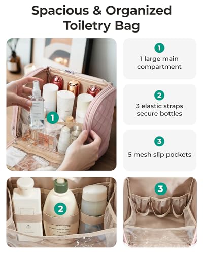 BAGSMART Travel Toiletry Bag, Large Capacity Cosmetic Bags for Women with Hanging Hook, Water-resistant for Toiletries Accessories Brushes Sponge, With Handle