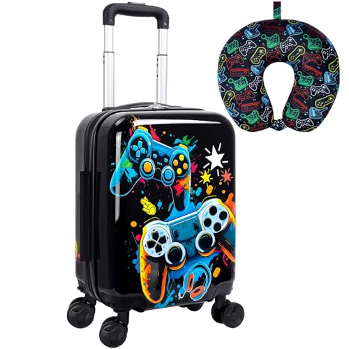 UFNDC Lightweight Hardshell Spinner Kids Suitcase Set 2PCS with Wheels - Airplane Approved Carry-On Luggage for Boys & Children Ages 3-10, Fun Game Rolling Suitcases for Elementary Toddler Travel