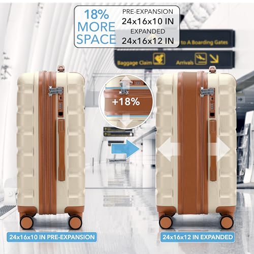 Flight Knight 24x16x10 Expandable Carry On Suitcase Hardside TSA Lock USB C Lightweight Luggage Silent Double Spinner Wheels Maximum Overhead Carry-On Bag For Virgin South West Approved Cream/Tan