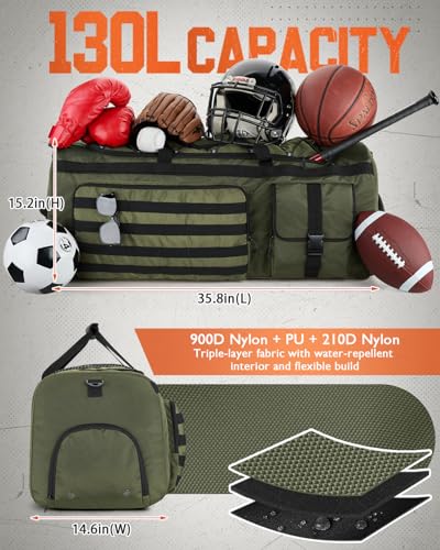 Gonex 130L Extra Large Duffel Bag for Men, Heavy Duty 3 in 1 Convertible Carry Travel Duffle, with Shoe Compartment, Tactical Loops, Sports Gear Bag for Family Trips (Army Green)