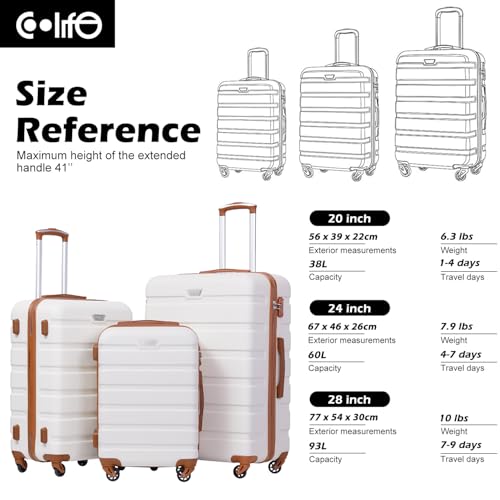 Coolife Luggage 3 Piece Set, Lightweight Durable Hardshell Suitcase set with 360° Spinner Wheels, TSA-approved Lock, Checked Family Travel Luggage sets, 20/24/28 Inch, Apricot White