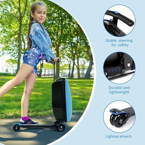 GDLHY 2-in-1 Ride-On Scooter Suitcase,Carry On Hardshell Ride On Suitcase Scooter for Kids Age 4-15, Multifunctional Ride On Lightweight Kids Luggage with Wheels(Size:Blue)