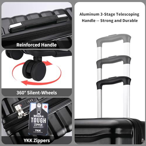 WireHot Lightweight Luggage with Spinner Wheels & YKK Zipper, Hard Shell 3-Piece Suitcase ABS+PC Hardside Luggage Set with TSA Lock for Men Travel, Black (20+24+28 inch)