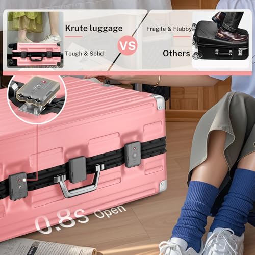 Krute Zipperless Luggage 24 Inch Aluminum Frame Suitcase with Spinner Wheels PC+ABS Hardide Checked Luggage TSA Approved No Zipper Travel Suitcase Pink