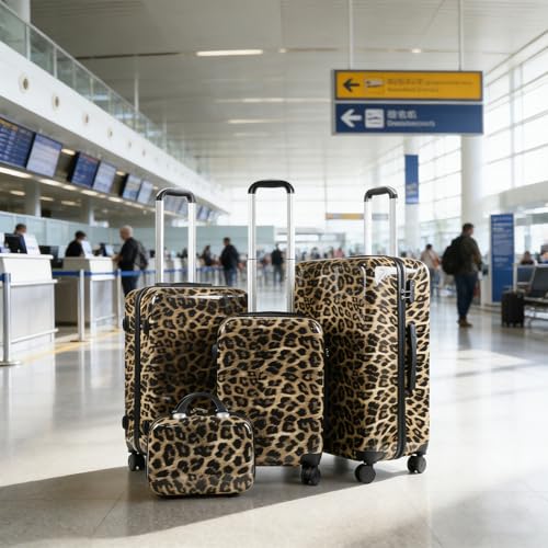 SLLUXEFF Luggage PC Hard-Shell Luggage Dual rotating wheels Leopard Print Luggage Set (4-Piece) (14in20in24in28in) Leopard Print Luggage (4) (Brown) (Brown)