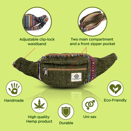 Freakmandu Eco-Friendly Green Boho Hippie Style Hemp Fanny Pack Cross Body Hip Waist Bag for Hiking Running Jogging (Safari)
